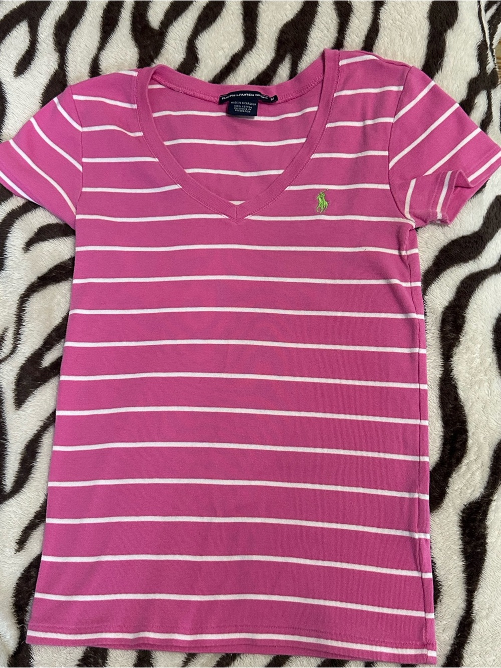 Ralph Lauren Hot Pink & White Striped V-Neck Tee